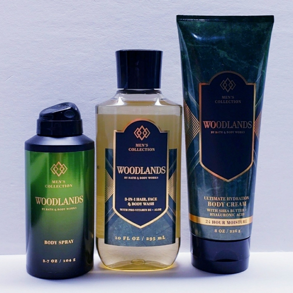 Bath & Body Works Mens Collection WOODLANDS Body Cream, Body Wash, Body Spray